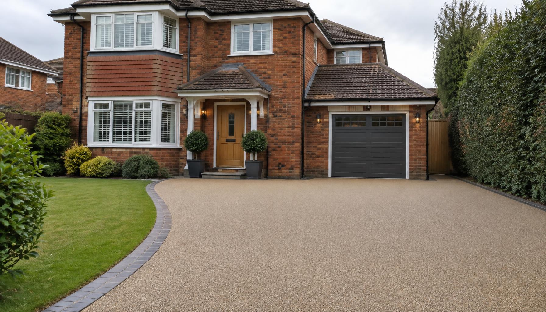 Detached brick house with a newly laid resin driveway and block paving border