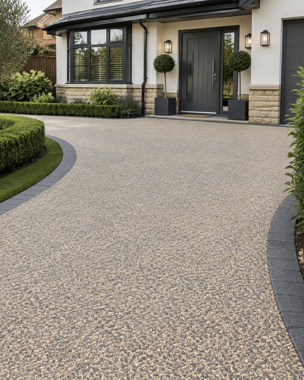 New silver-grey resin bound driveway with charcoal border leading to a modern front door